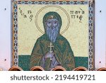 Small photo of Loutraki, Corinthia, Peloponnese, Greece - 18 of August 2022 : Colourful mosaic hagiography of Saint Patapios ,on the facade above the entrance of the monastery .