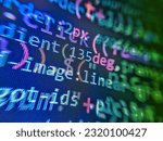 Small photo of Web development javascript HTML5 code. Disco Floor Holographic Abstract Background. Abstract Green screen coding hacker concept, computer script code. PHP syntax highlighted