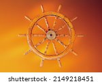 Small photo of A wooden voyage helm wheel for sailing against red and yellow background