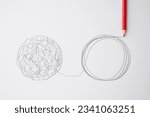 Small photo of Flat lay of pencil hand drawing line chaos to order circle on paper background. Concept of abstract business management strategy, reorganize, problem solving solution, psychology mental health.