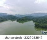 Aerial view of the reservoir between the mountains and forest. natural concept.