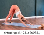 Small photo of Intensive yoga training in studio flexible woman in sportswear stretches body standing in pose Downward facing dog on blue mat active person enjoying exercise taking care of health