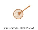 Small photo of Xanthan Gum Powder in wooden bowl on white background, top view. Food additive E415. Water Soluble powder. Binding agent, Gluten free ingredient. Stabiliser, Thickener.