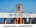Small photo of Odessa, Ukraine - 02 17 2017: inscription with a black marker on the white metal fence of the bridge, the word "live, bitch" written like graffiti