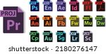 All collection of adobe file formats, PROJ, PSD, AEP, INDD, FLA, PDF, AI, FBD, PNG MUSE, DMW, FLM, SESX, IRCP, CAT, File type vector and icons.