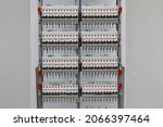 Small photo of RUSSIA,Moscow-October 28, 2021:ABB current circuit breakers and ABB differential current circuit breakers on the din rail in the electrical panel.