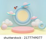 Small photo of Step stage podium with colorful saturns and rocket on pastel blue background. Pedestal for kid product presentation. Geometric 3D render