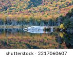Small photo of Tranquil autumn scene in Kinsman Notch, New Hampshire. Reflection of vibrant fall foliage and huge boulder on calm surface of Beaver Pond.