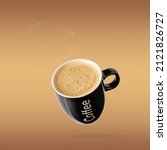 Small photo of Black cup hot espresso coffee flying isolated on blurred brown background. Pastry shop or cafe card.