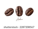 Roasted Arabica coffee beans closeup isolated on white background.
