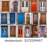 Small photo of Doors collection of Cunda Island, Ayvalik. Collage of wooden, colourful and antic doors of Cunda Island. Balikesir, Turkey. Mediterranean Culture, Aegean part of Turkey.