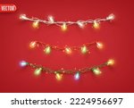 Christmas ornaments bright light garlands. Set Xmas decoration string light garland multicolored. Realistic 3d decor for holiday design. Bulb lamp on red ribbon for the new year. vector illustration