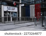 Small photo of La Defense district, 11 March 2023, Puteaux , France. Police cars parked near a police station in La Defense.