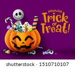 Halloween trick or treat pumpkin vector background template. Halloween trick or treat greeting text with empty space for message and pumpkin basket with sweet candies element. Vector illustration.
