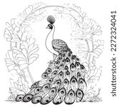 A majestic Peacock illustration in a stylish composition. Adult coloring book pages made freehand with doodle and Zentangle elements., Vector  illustration