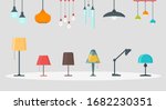 A set of lamps on a white background. Furniture chandelier, floor and table lamp in flat cartoon style. Chandeliers, illuminator, flashlight - elements of a modern interior.Vector illustration,EPS 10.