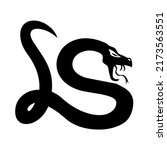 Snake, serpent, adder curled up with gaping jaws, reptile and predator, wild animal, wildlife, vector, illustration in black color, isolated on white background
