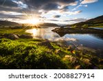 Scenic view of fjord landscape in northern norway with warm midnight sun in late spring with green grass and nature