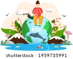 woman sitting on globe with... | Shutterstock .eps vector #1959735991