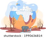 Temperature rising and animal extinction concept. Melting glaciers and drainage of soils due to global warming. Animals around planet Earth are suffering from global warming and climate change