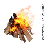 Small photo of Campfire isolated on white background. Closeup of a pile of firewood burning with orange and yellow flames.