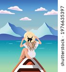 bikini girl sitting on a boat... | Shutterstock .eps vector #1976635397