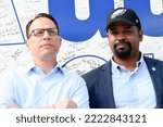 Small photo of Democratic nominee for Pennsylvania Governor Josh Shapiro and Sharif Street at a Big Fights Bus Tour stop in North Philadelphia, PA, USA on November 5, 2022.