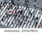 Birds eye view and blurred motion of pedestrians on crosswalk in rush hour in Tokyo, Japan, creating abstract image