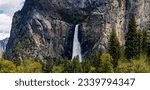 Small photo of Panorama of Bridalveil Fall from Yosemite Valley viewpoint on Northside Drive pullout in Yosemite Valley, Yosemite National Park, California, USA in May of 2023