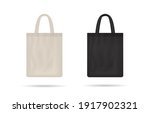 Canvas bag. mockup of fabric tote. Cloth totebag with handle. template of black and white cotton eco bag. Reusable tote for shopping. Blank mock for shopper. Ecobag for grocery. Vector.