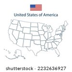 Usa map. Outline silhouette of united states of america. Simple line borders of us. Flat american map with california, hawaii, texas, washington, florida, michigan, virginia and other state. Vector.