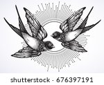 Beautiful vintage retro style illustration of two flying swallow birds. Hand drawn vector artwork isolated on white. Elegant tattoo design, freedom, dark romance. Print, poster, t-shirts and textiles.