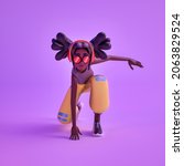 Minimalist render of 3D character with headphones in heroic pose. 3D illustration of dark skinned girl in crouching combat pose with one hand on the floor in purple background.