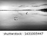 Fishermen on boats on the Nové Mlýny reservoir. Black and white photo.