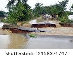 Small photo of Nagaon,Assam,India- May 19, 2022: The heavy water current washed away a huge portion of Nagaon to Kampur road at Kathiatoli Village in Nagaon district of Assam.
