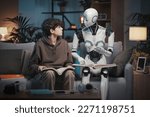 Innovative AI robot tutor helping a teenage boy with homework, they are reading books together, human-robot interaction concept