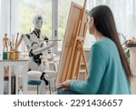 Creative AI robot painting a portrait on canvas in the art studio, a model is posing in the foreground