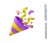 Vector 3d icon party popper. Cartoon emoji of birthday confetti explosion. Simple minimal illustration isolated on white background