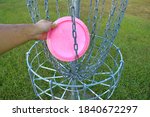 Removal of a pink disc from a disc golf basket