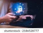 Small photo of cybersecurity security concept Protecting digital assets from hacks, attacks, implementing strategies. Businessman preventing mobile or computer data hacking. online scammers, denial of service (DDoS)