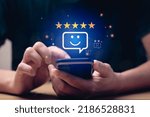 Small photo of Customers rate service, sales principles and sales follow-up. Businessmen choose to rate 5 stars, with gym front icon. Excellent rating. User give rating, feedback, good business network score