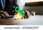 Small photo of Business lending and investment interest rates, hand hold increase percent icon, debt increase, interest burden, interest rate rise, dividends, financial business strategy, profit from stock, investor