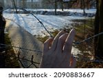 Small photo of overcoming a barbed wire fence, roadblock with concrete cones against vehicles. the iron curtain divides nations. climb over the refugee fence to prick the wires. hang by the legs down. police dogs