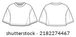 Overfit Cropped Tee shirt fashion flat tehnical drawing template. Unisex Crop T-Shirt, Crop Top fashion CAD mockup, front, back view, white color.