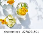 Iced lemonade with edible nasturtium flowers, lime and mint leaves. Refreshing summer drink. Healthy organic summer soda drink. Detox water. Diet unalcolic coctail.