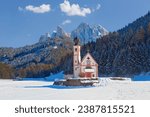 Small photo of Winter view of the church of St. Johann in Ranui with Puez-Odle Dolomites, Villnoss Val di Funes, South Tyrol, Italy