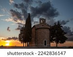 Chapel of the Madonna di Vitaleta in Tuscany at sunset