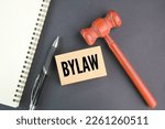Small photo of gavel, pen and judge's book with the word bylaw. legal concept