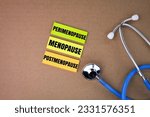 Small photo of stethoscope with the words perimenopause, menopause and postmenopause. the concept of menopause stage or period or age