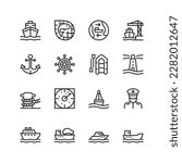 Seaport, linear style icons set. Port for ships, maritime industry, seafaring. Boat, passenger liner, crossing, yacht, cargo ship. Editable stroke width